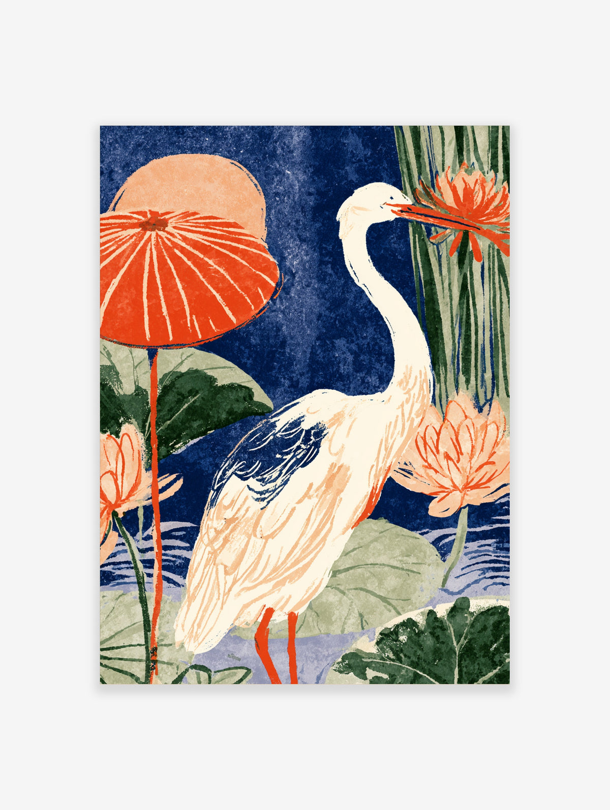 White egret holding orange blossom among lotus flowers and reeds on navy blue background