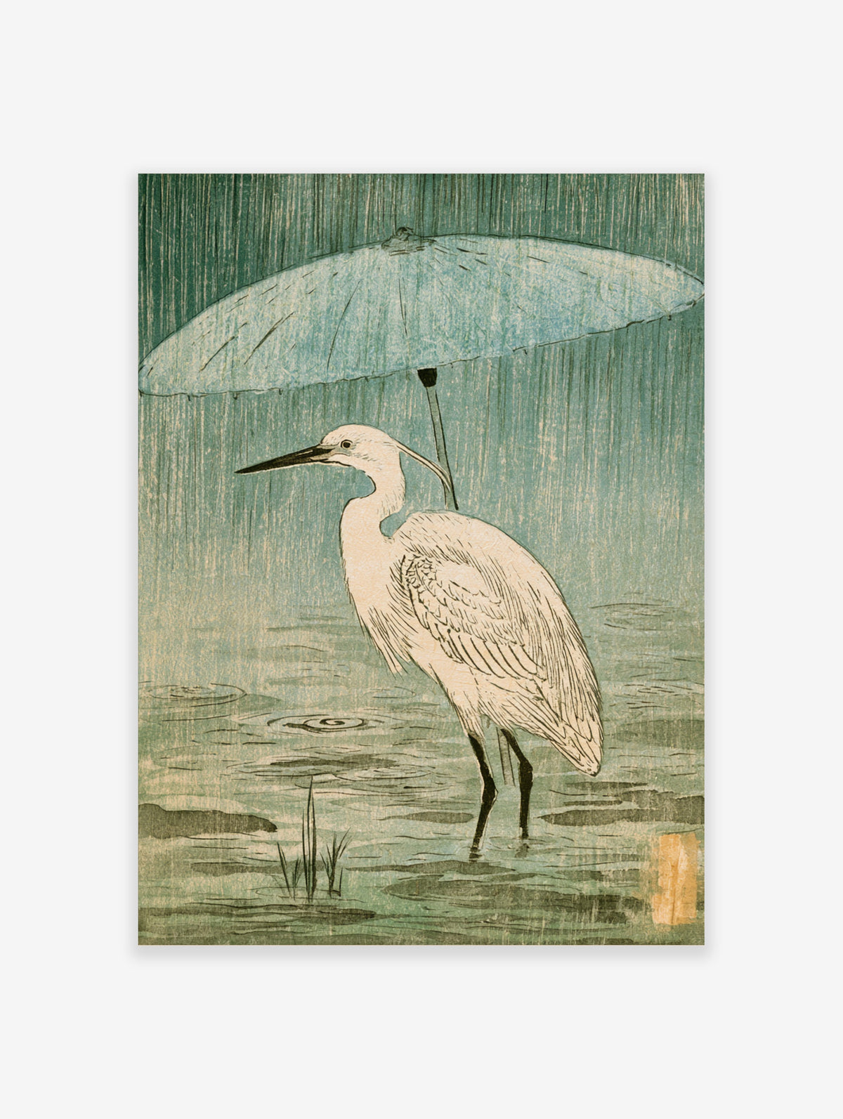 White egret holding blue umbrella in rain, standing in water with ripples, green background, Japanese-style bird print