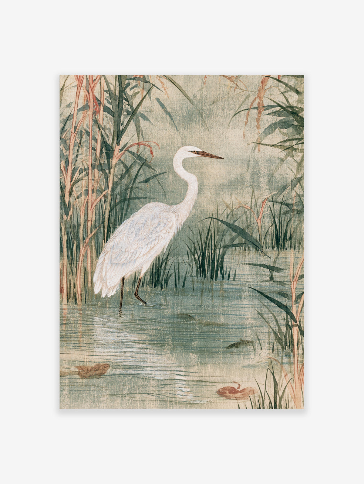 White egret standing in shallow water with reeds and lily pads, Japanese-style bird illustration
