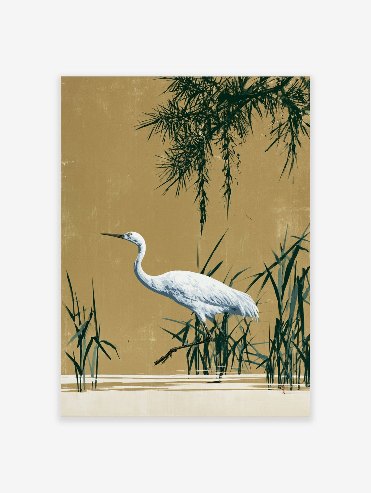 White egret standing among green reeds on a gold background, Japanese-style bird art print
