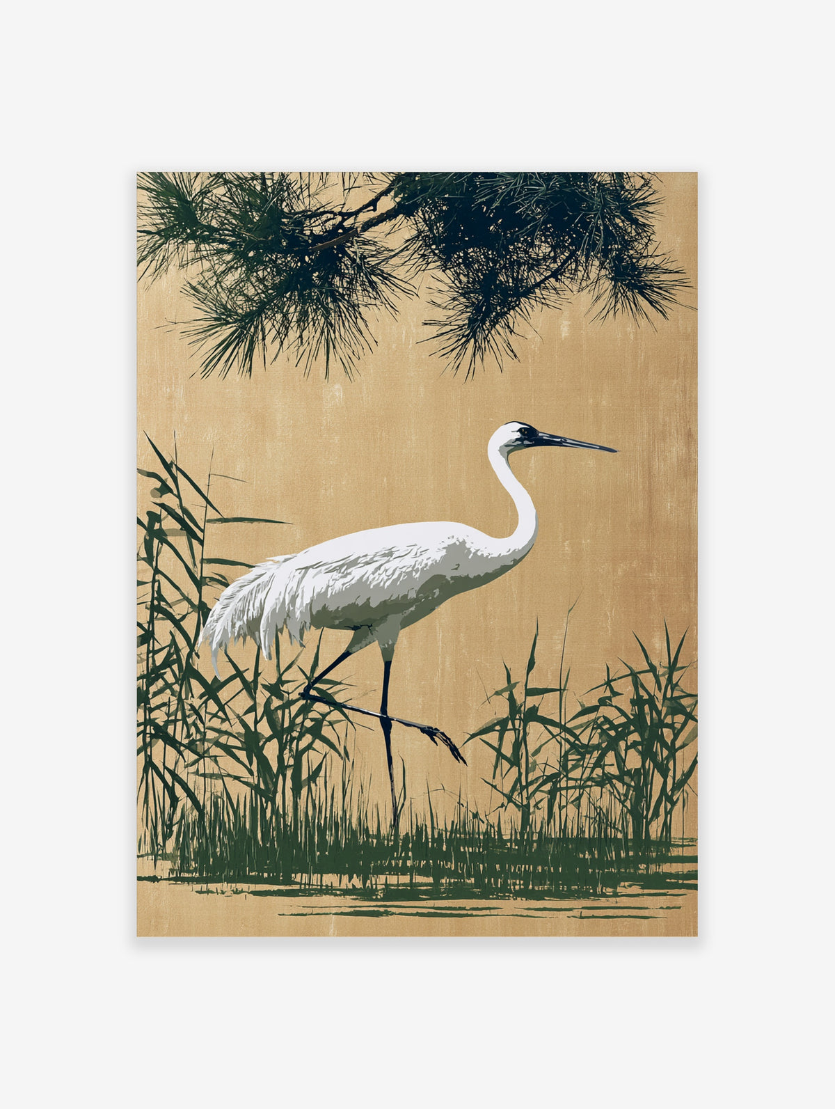 White egret bird art print with pine branches and green reeds on tan background