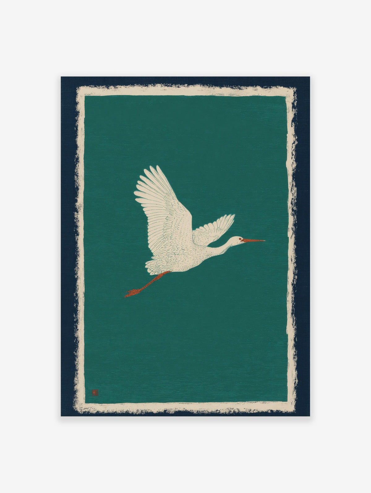 Illustrative white egret flying right against a teal background with navy and cream borders