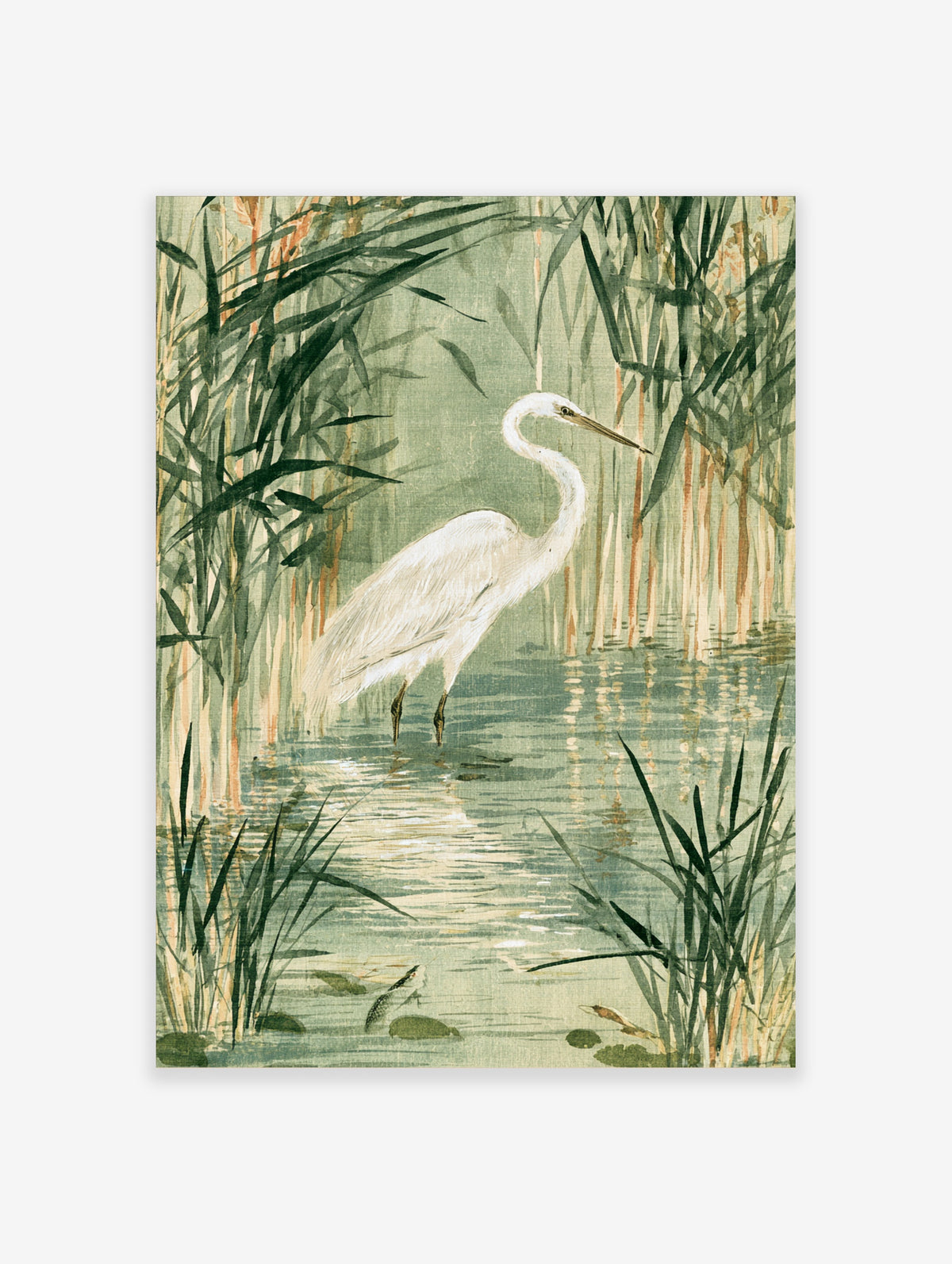 White egret standing in shallow water among green reeds, Japanese-style bird art print