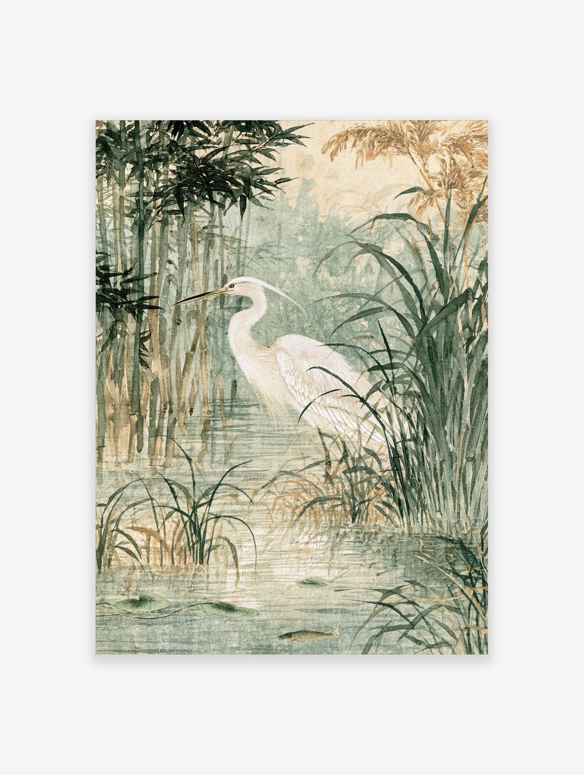 White egret standing in water among reeds and bamboo in a Japanese-style art print