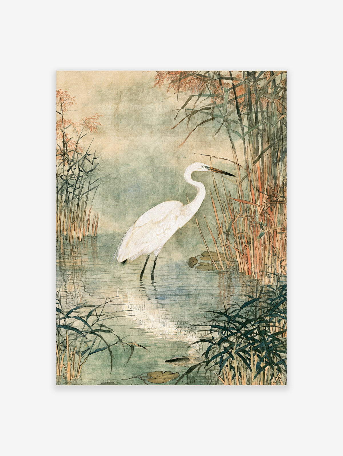 White egret standing in shallow water among reeds and grasses, Japanese-style bird art print