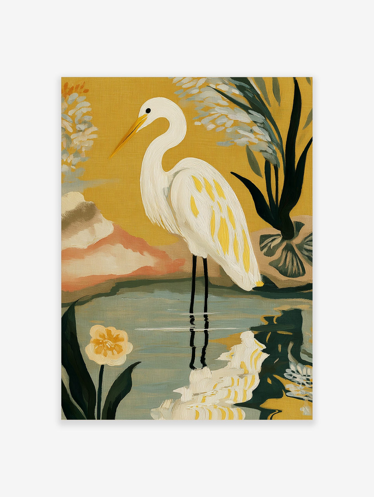 Illustrative white egret bird with yellow feathers standing in water against a yellow background with green plants and