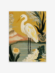 Illustrative white egret bird with yellow feathers standing in water against a yellow background with green plants and