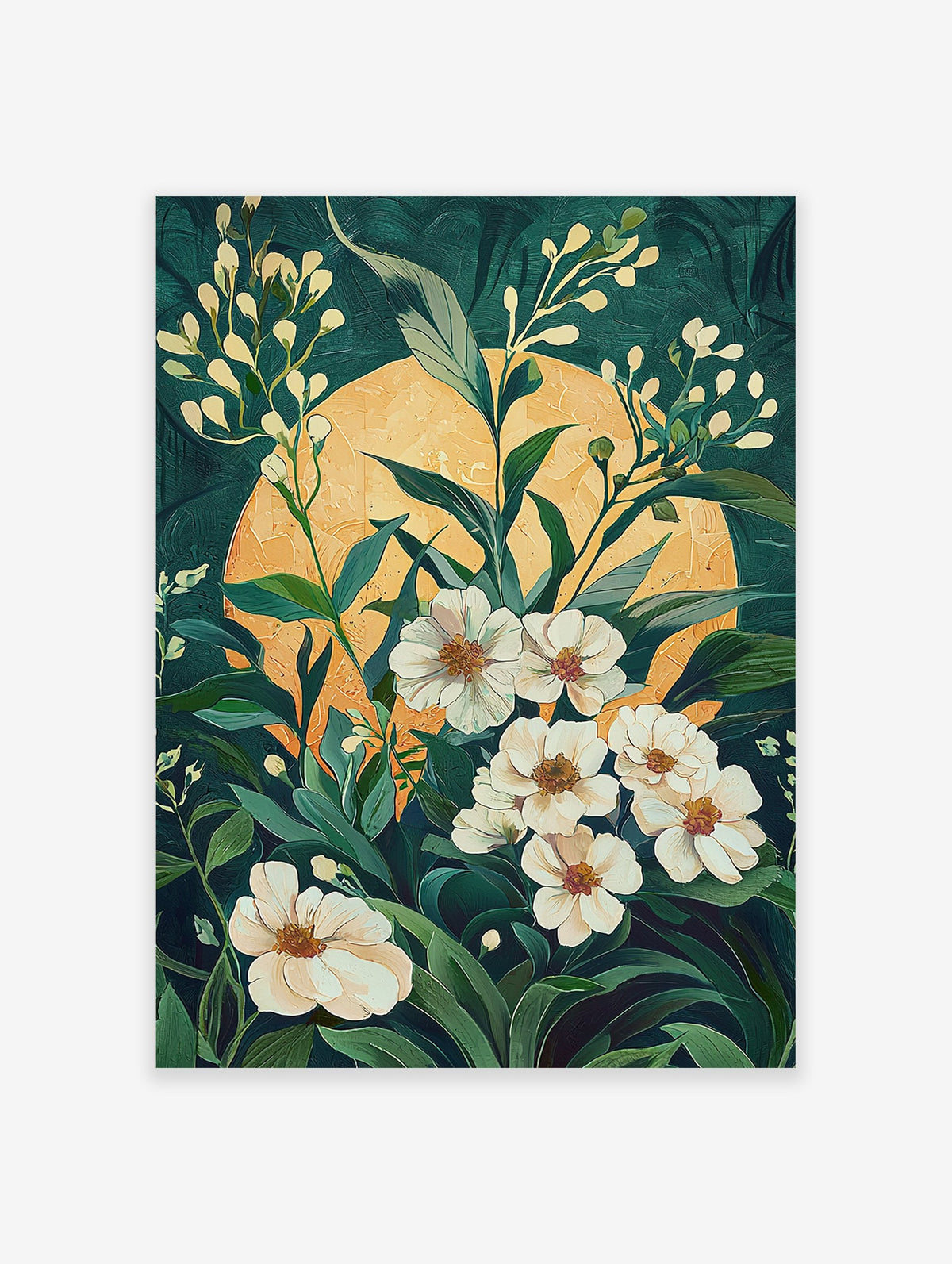 White floral art poster with green leaves and a yellow sun against a dark green background, in a modern botanical style.