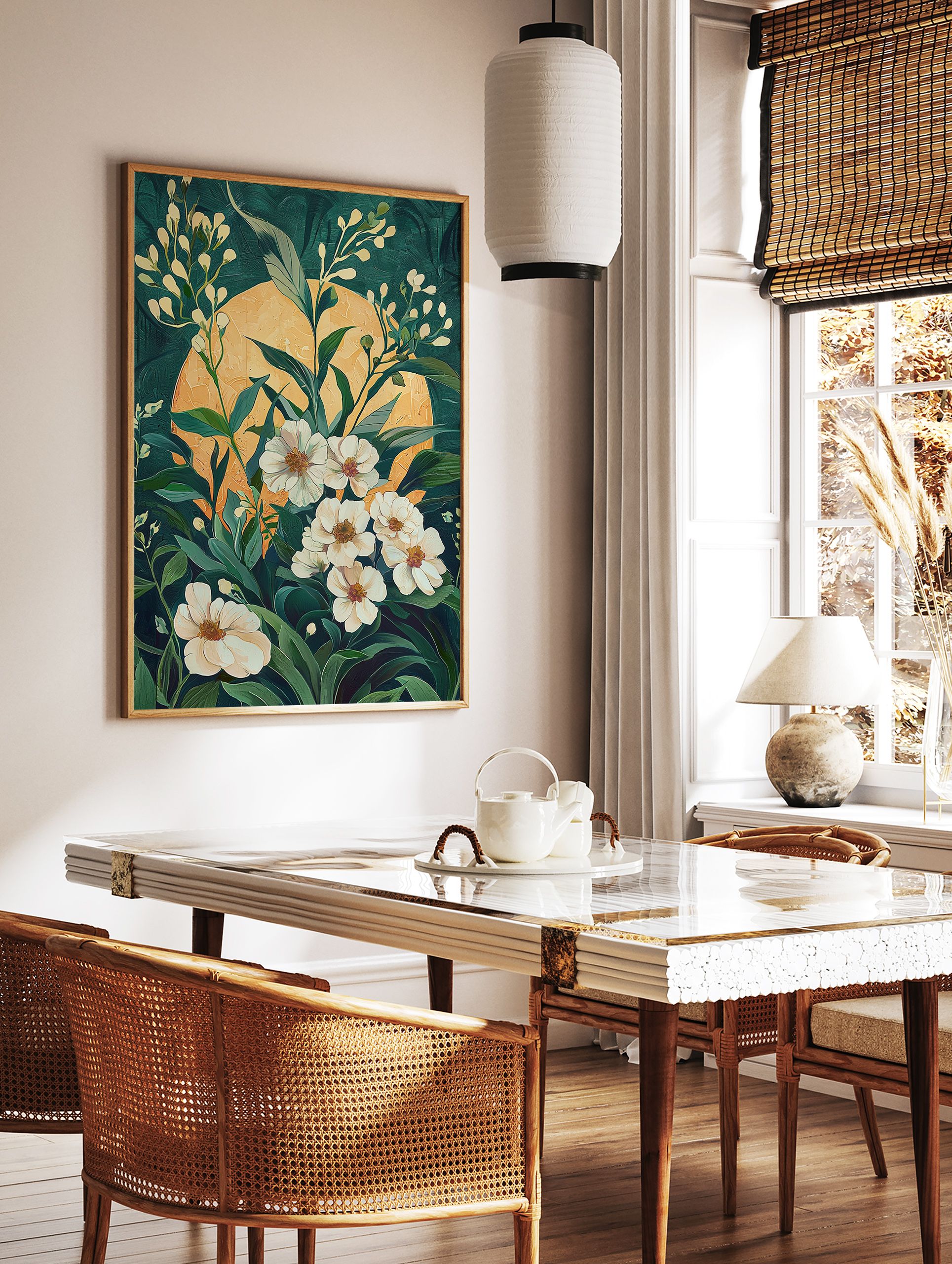 White floral art poster with green leaves and a yellow sun against a dark green background, in a modern botanical style. - Image 2