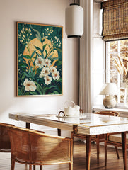 White floral art poster with green leaves and a yellow sun against a dark green background, in a modern botanical style. - Image 2