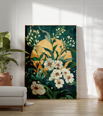 White floral art poster with green leaves and a yellow sun against a dark green background, in a modern botanical style. - Image 3