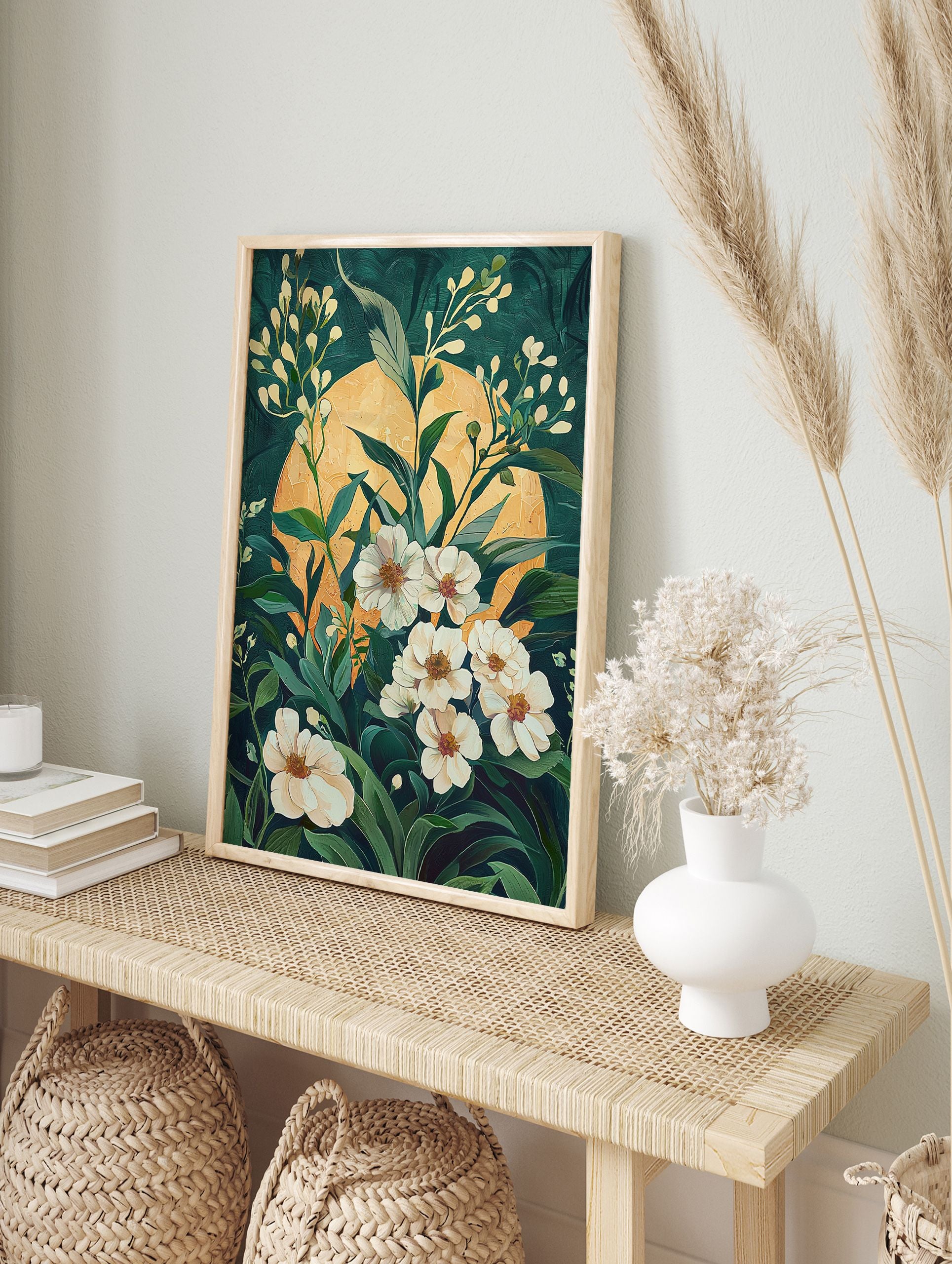White floral art poster with green leaves and a yellow sun against a dark green background, in a modern botanical style. - Image 4