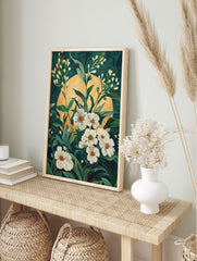 White floral art poster with green leaves and a yellow sun against a dark green background, in a modern botanical style. - Image 4