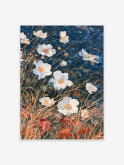 White flowers with golden grasses and red autumn leaves on a deep blue background botanical art print