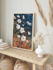White flowers with golden grasses and red autumn leaves on a deep blue background botanical, in an alternate framed mockup
