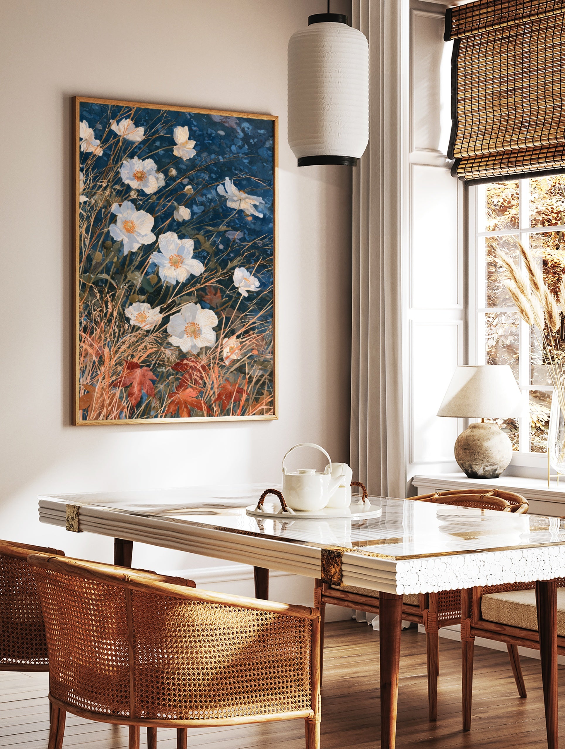 White flowers with golden grasses and red autumn leaves on a deep blue background botanical art, in a styled room mockup