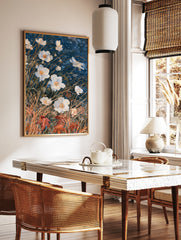 White flowers with golden grasses and red autumn leaves on a deep blue background botanical art, in a styled room mockup
