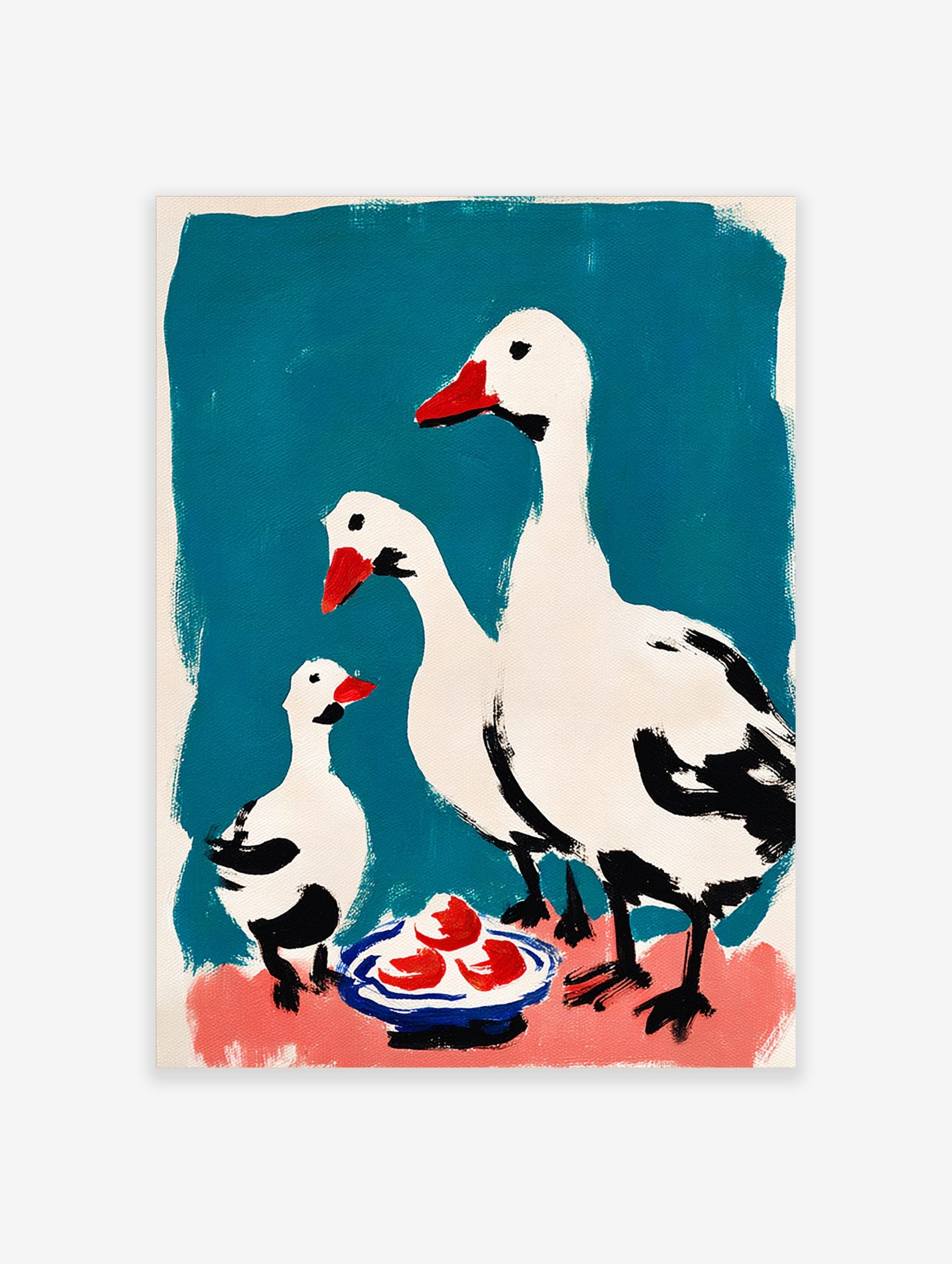 White geese family wall art with red beaks and black details on teal and pink background with a blue bowl