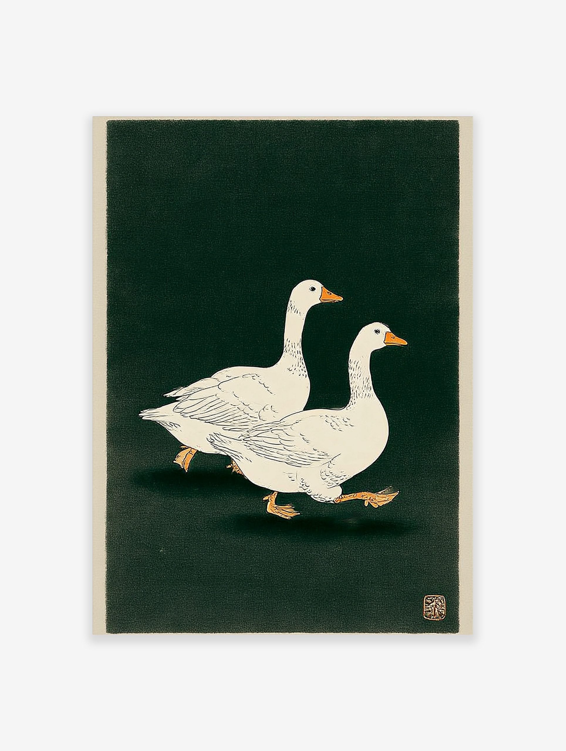 Two white geese with orange beaks and feet walking on a dark green background in a Japanese illustrative print