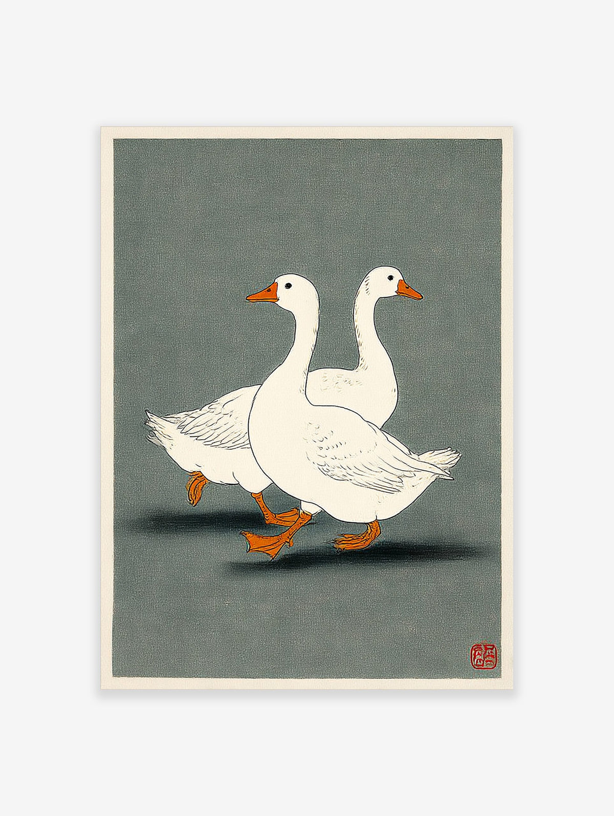 Two white geese with orange beaks and feet walking in profile on a dark grey-green background, illustrative style
