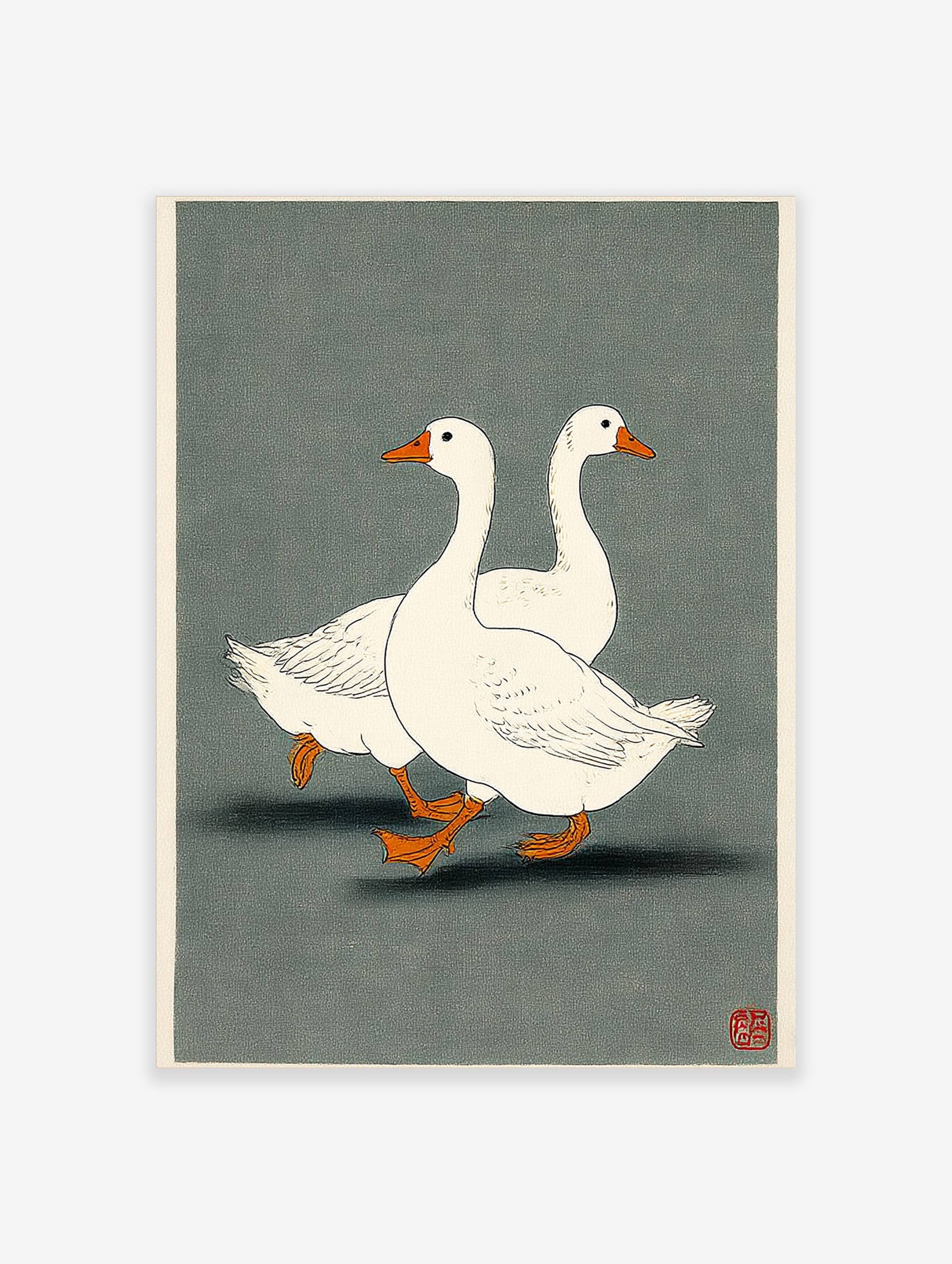 Illustrative print of two white geese with orange beaks and feet walking on a dark grey-green background