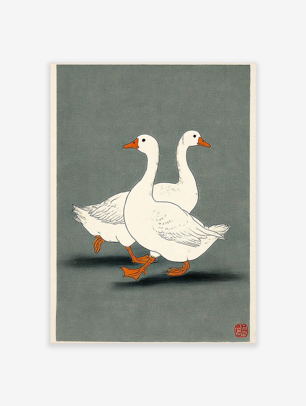 Illustrative print of two white geese with orange beaks and feet walking on a dark grey-green background