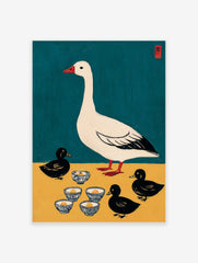 Illustrative print of a white goose and three black ducklings with patterned bowls on teal and yellow background