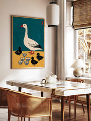 Illustrative print of a white goose and three black ducklings with patterned bowls on teal and, in a styled room mockup