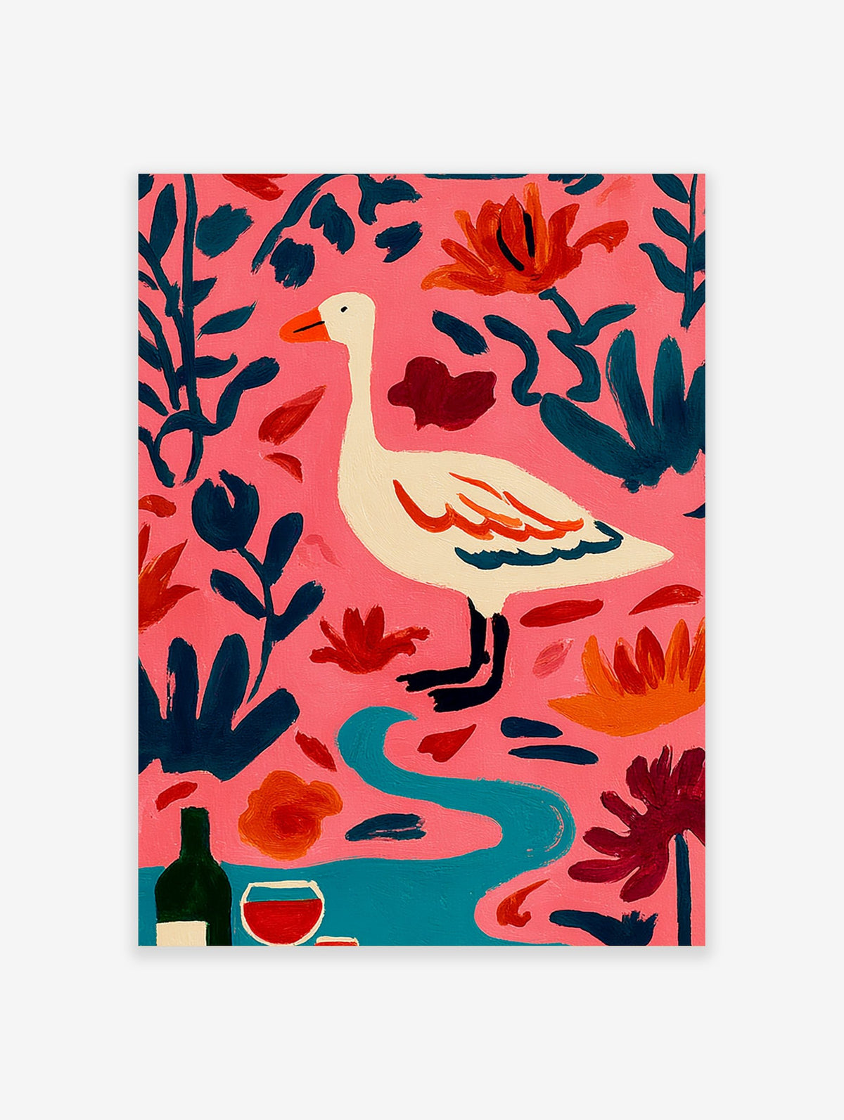 Illustrative white goose with orange beak, pink background, dark teal leaves, orange flowers, wine bottle, blue stream