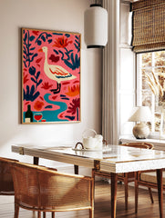 Illustrative white goose with orange beak, pink background, dark teal leaves, orange flowers, wine, in a styled room mockup