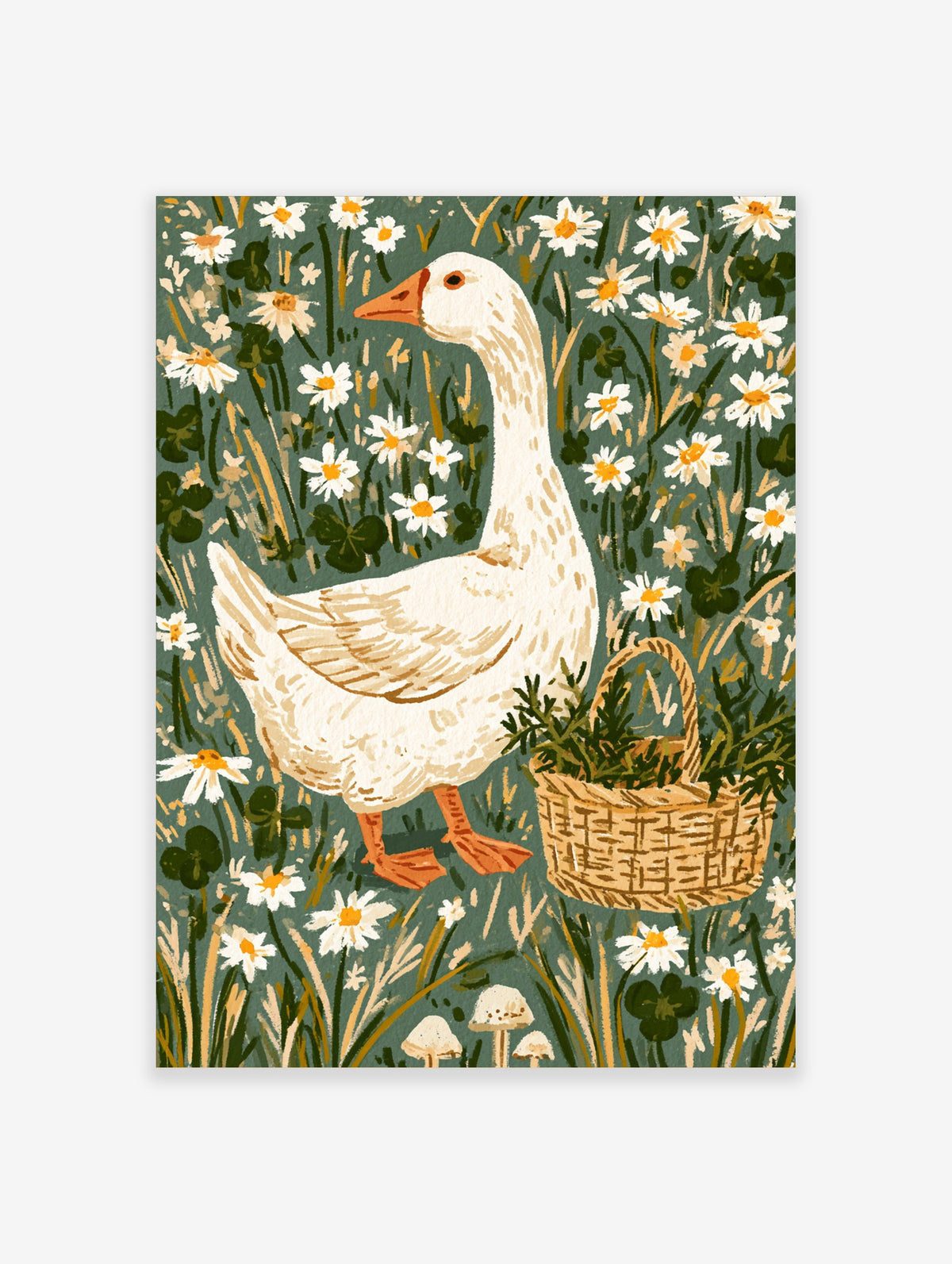 White goose standing among daisies and clover with a woven basket of greenery on a green background