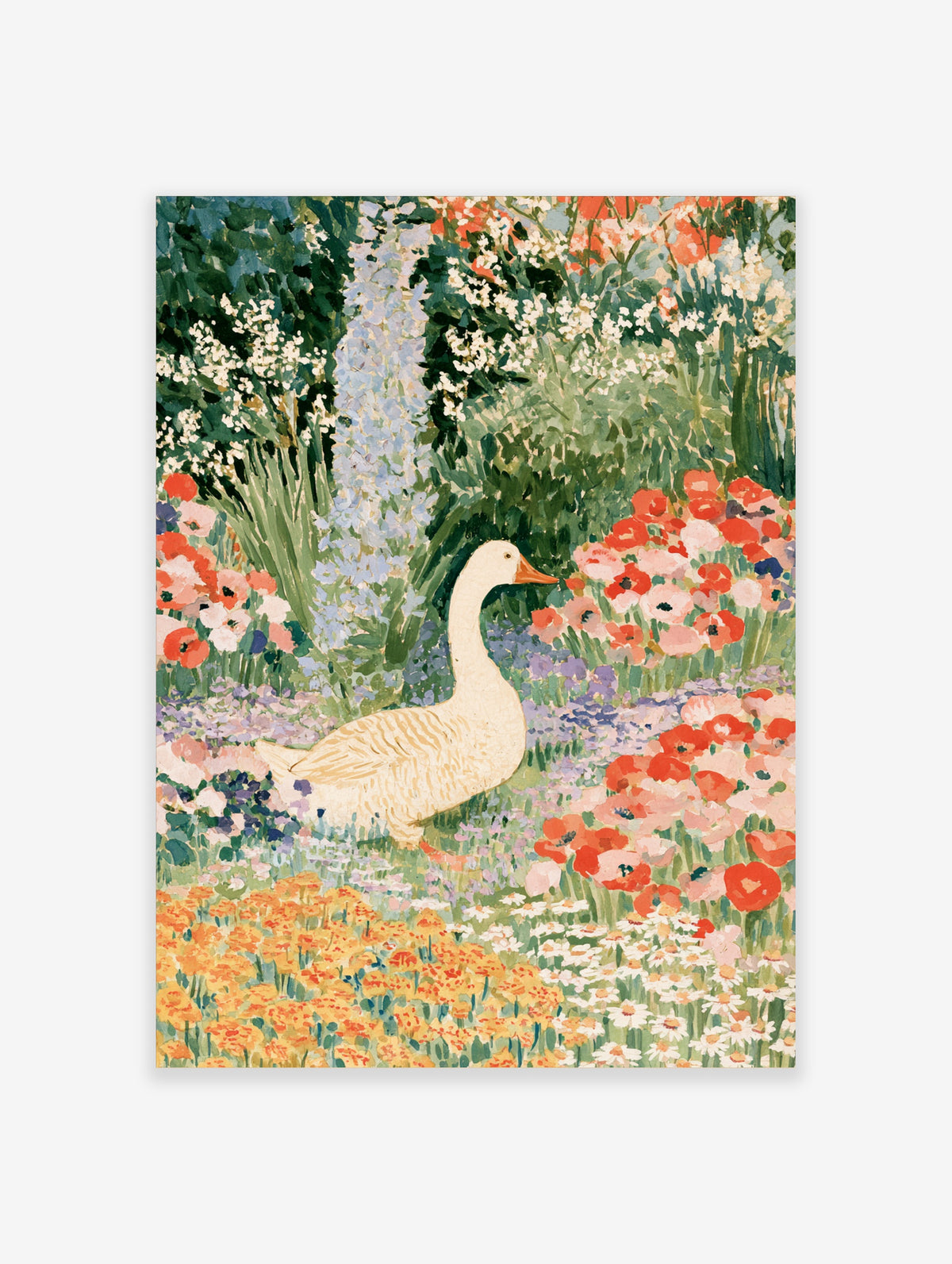White goose standing among red poppies, blue delphiniums and yellow marigolds in a colourful garden art print