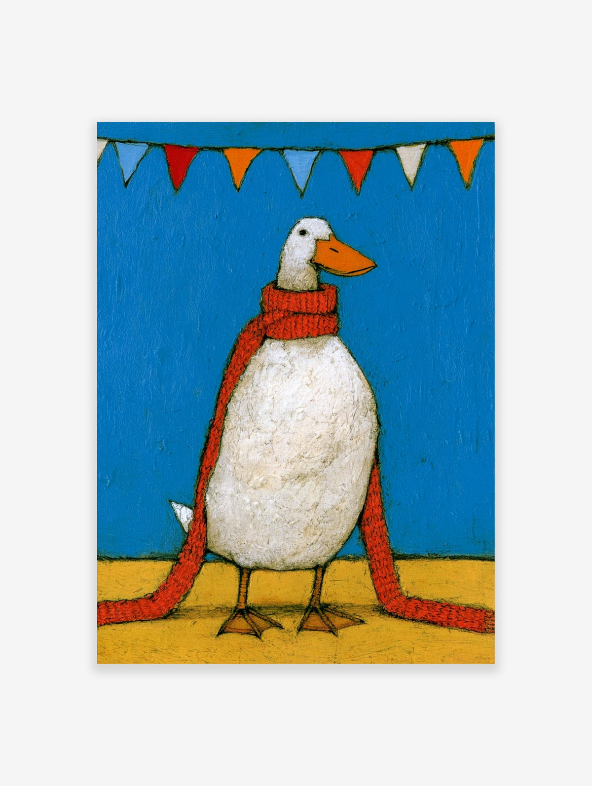 White goose with red scarf and orange beak standing under bunting flags on blue background art print