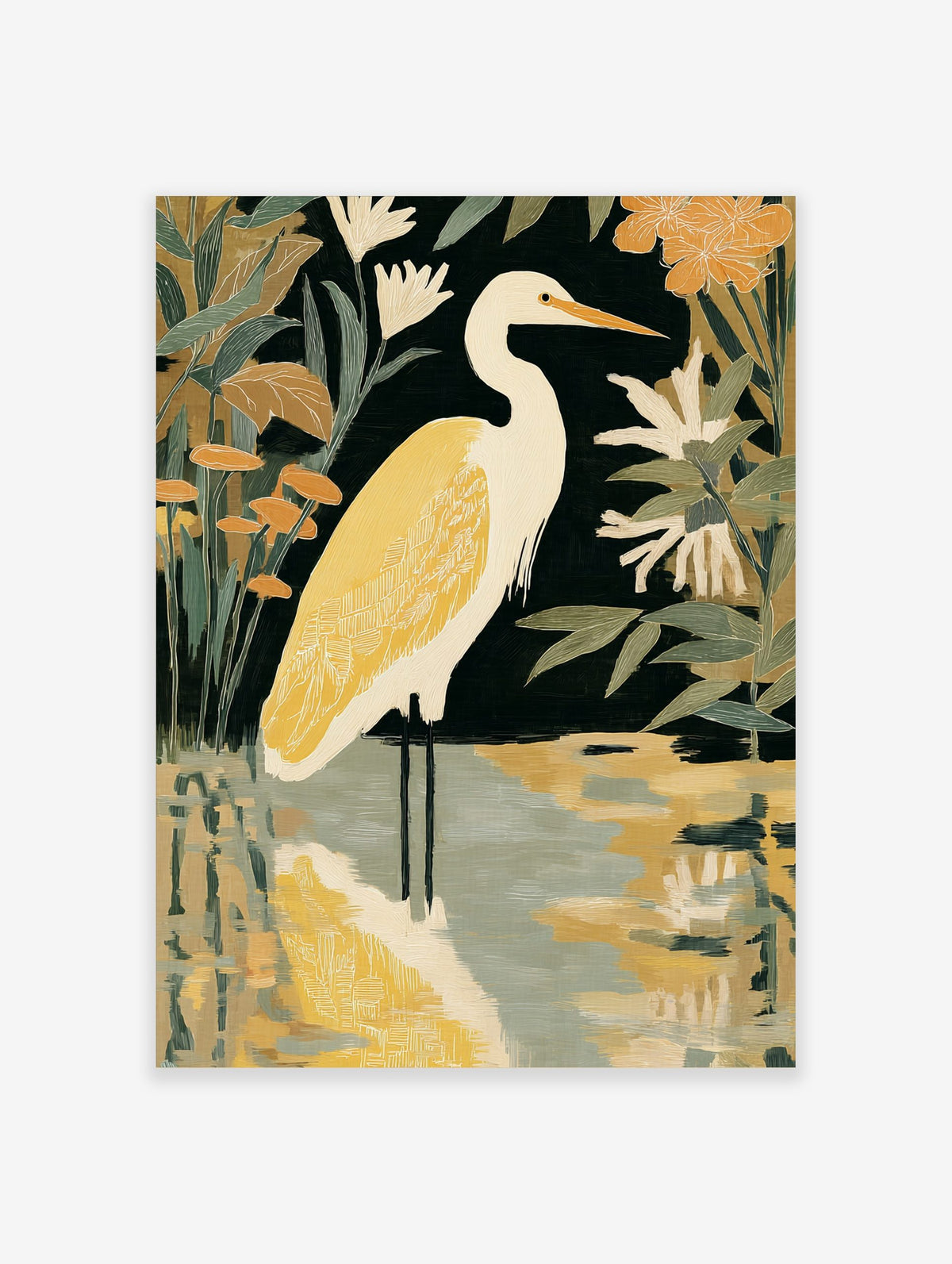 White heron bird with golden-yellow plumage in water, surrounded by dark green and orange botanical foliage