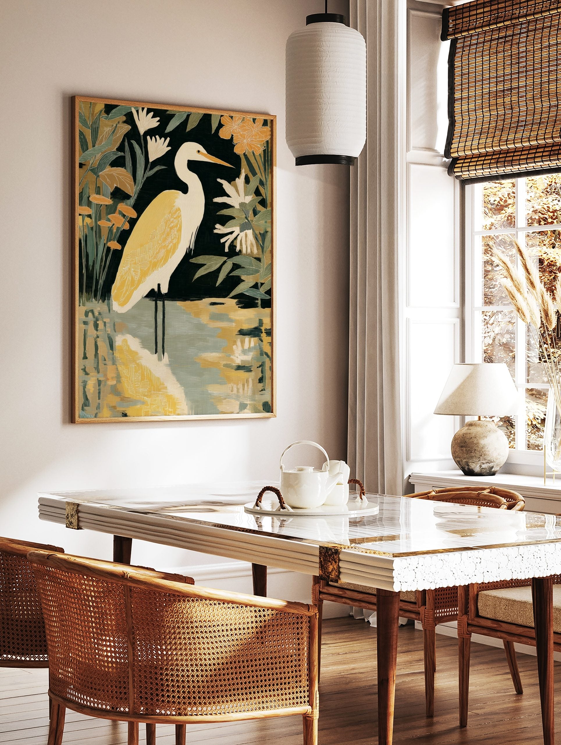 White heron bird with golden-yellow plumage in water, surrounded by dark green and orange botanical, in a styled room mockup