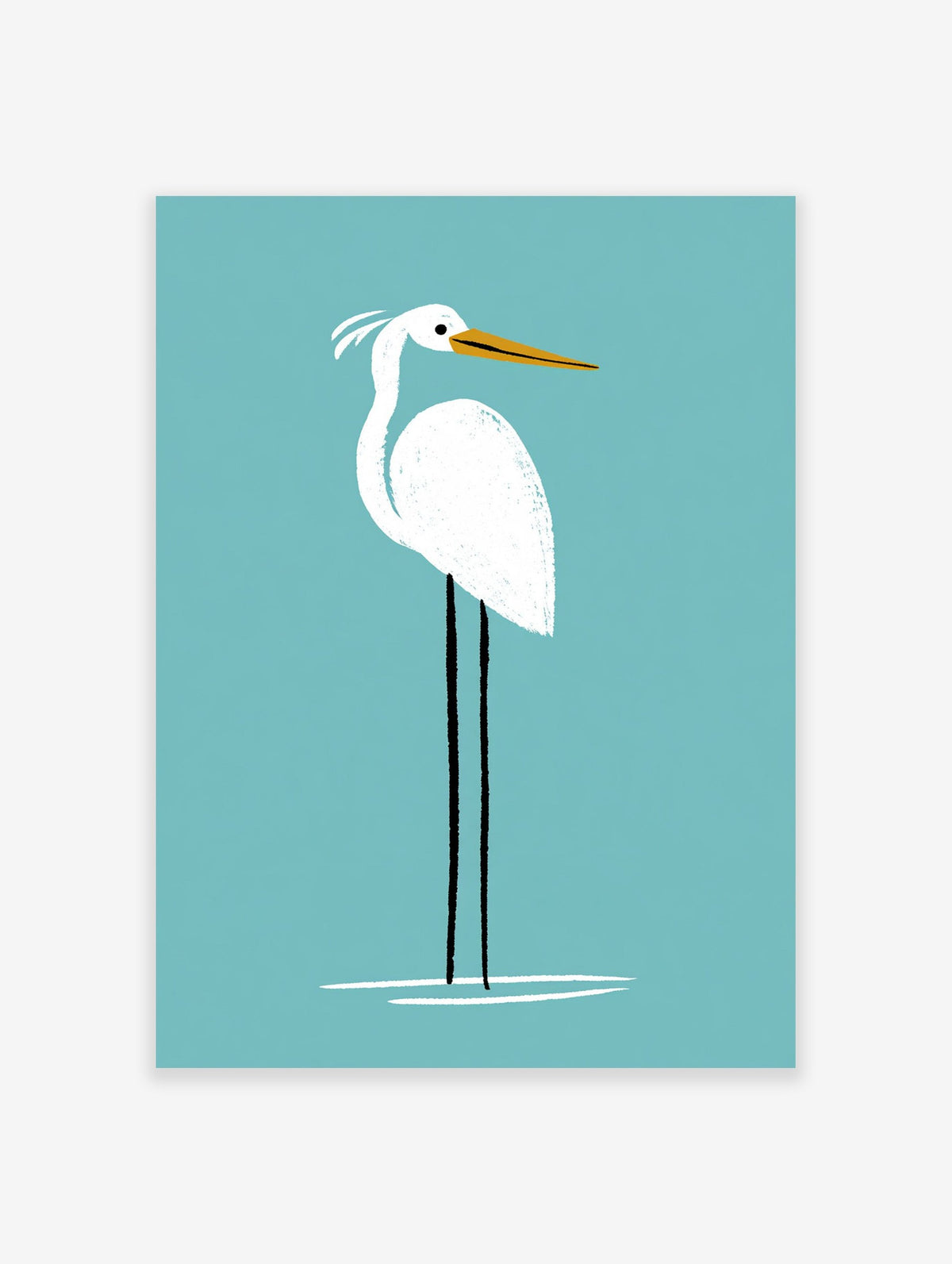 Minimalist white heron bird illustration with textured details on a solid blue background