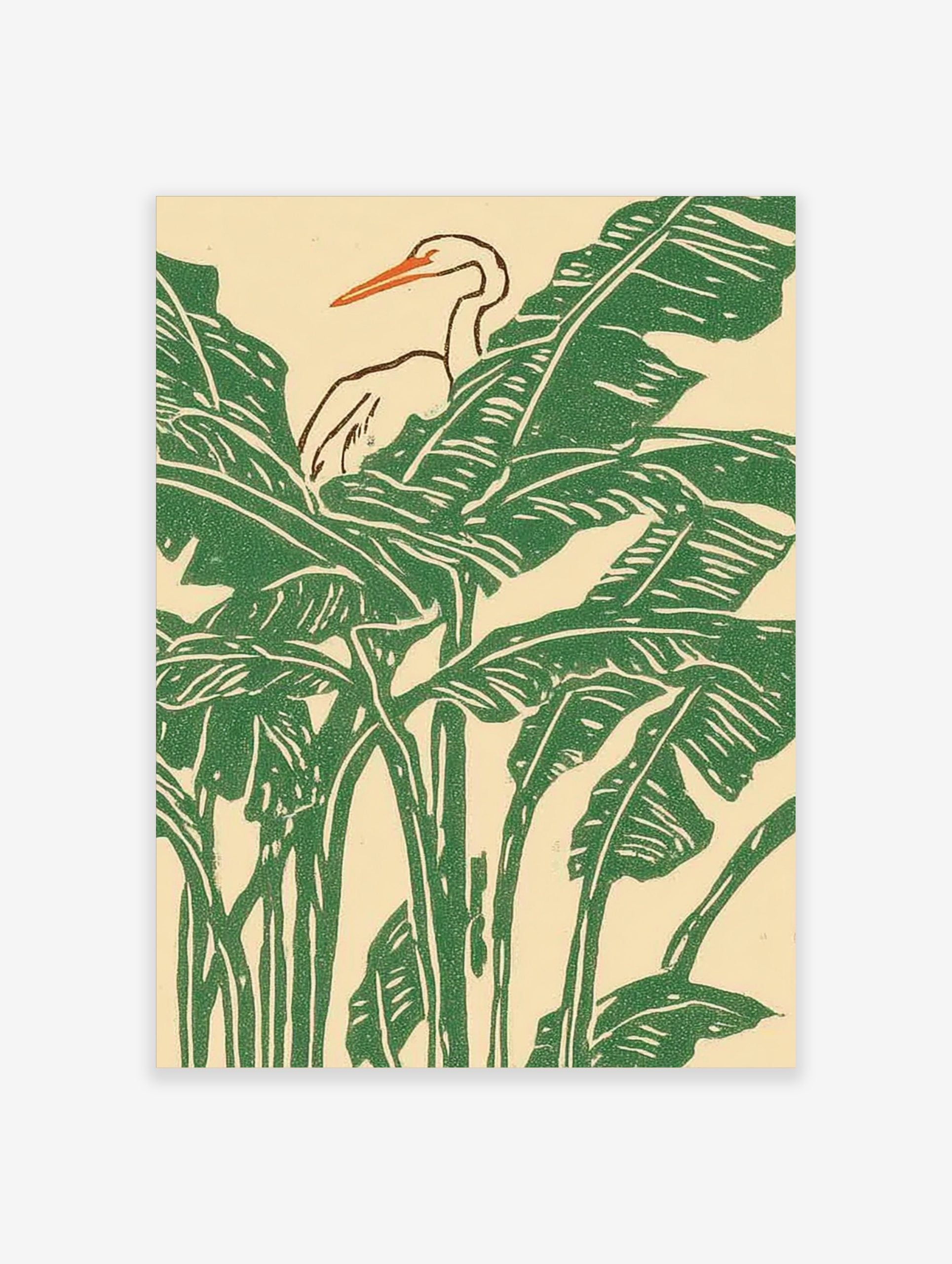 White heron with orange beak amidst green tropical banana leaves in an illustrative print