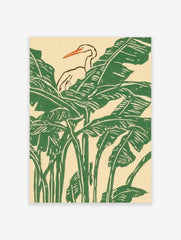 White heron with orange beak amidst green tropical banana leaves in an illustrative print