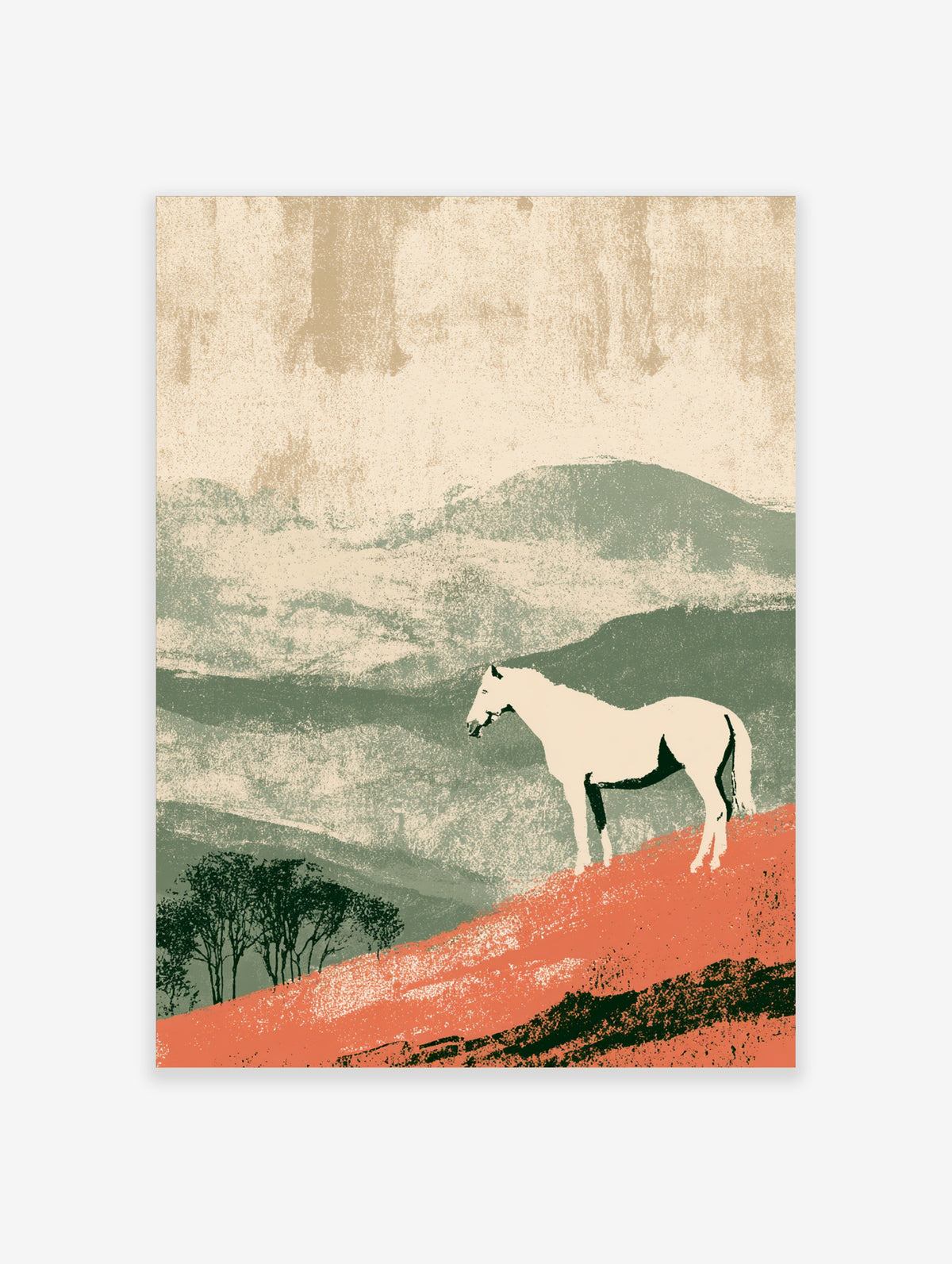 White horse standing on coral red hill with green mountains and trees, modern landscape poster