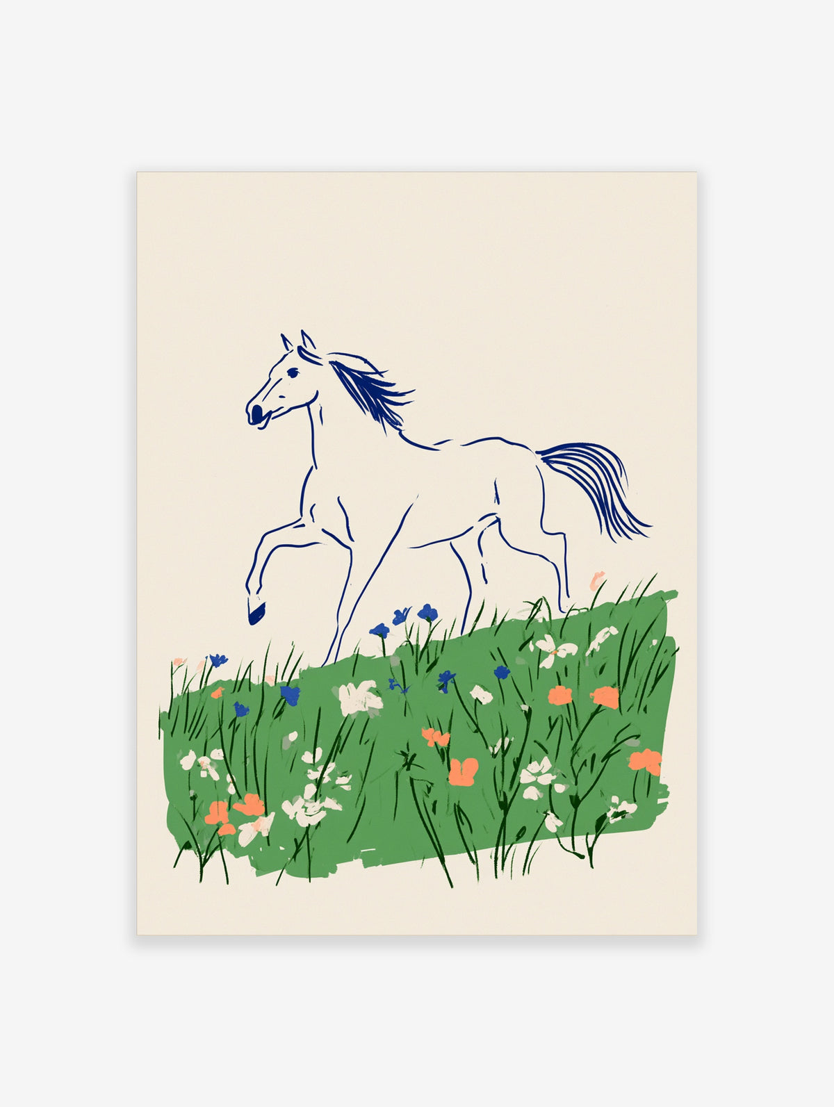 White horse with blue mane galloping over green meadow with orange and blue wildflowers, cream background