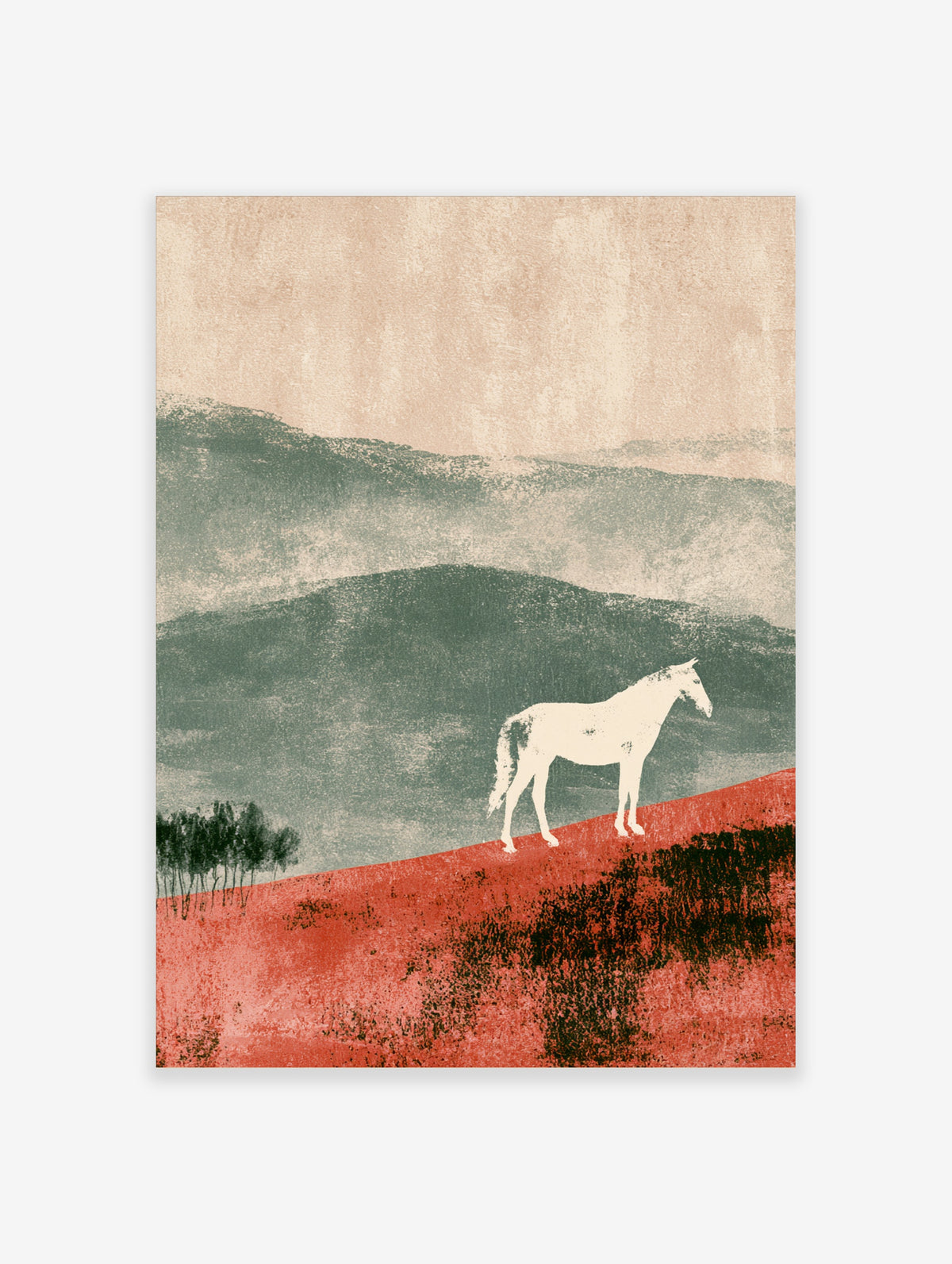 White horse standing on red ground with green hills and pale sky, minimalist landscape art print