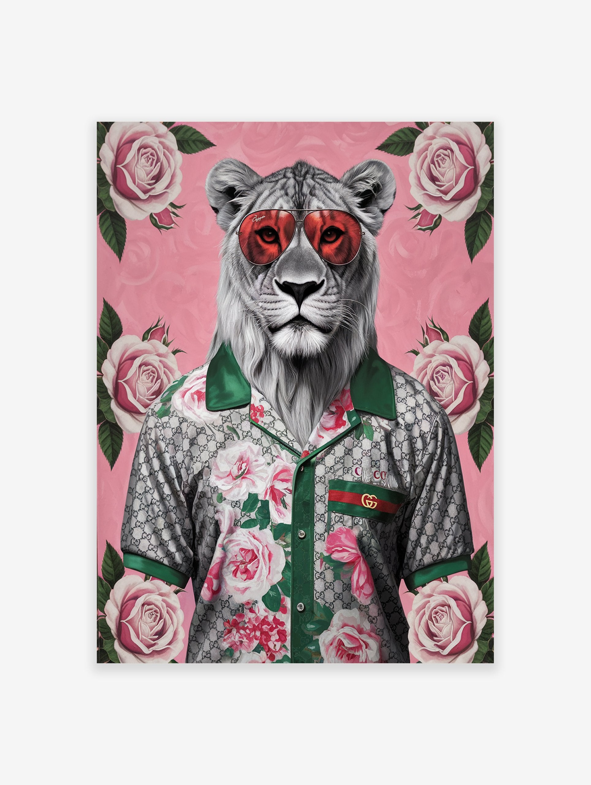 White Lion Poster wearing red sunglasses and a floral shirt with roses on a pink background, illustrative wall art.