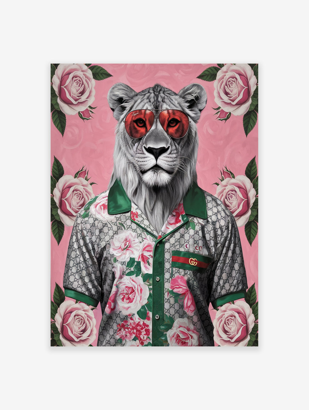 White Lion Poster wearing red sunglasses and a floral shirt with roses on a pink background, illustrative wall art.