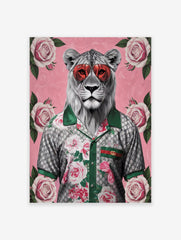 White Lion Poster wearing red sunglasses and a floral shirt with roses on a pink background, illustrative wall art.