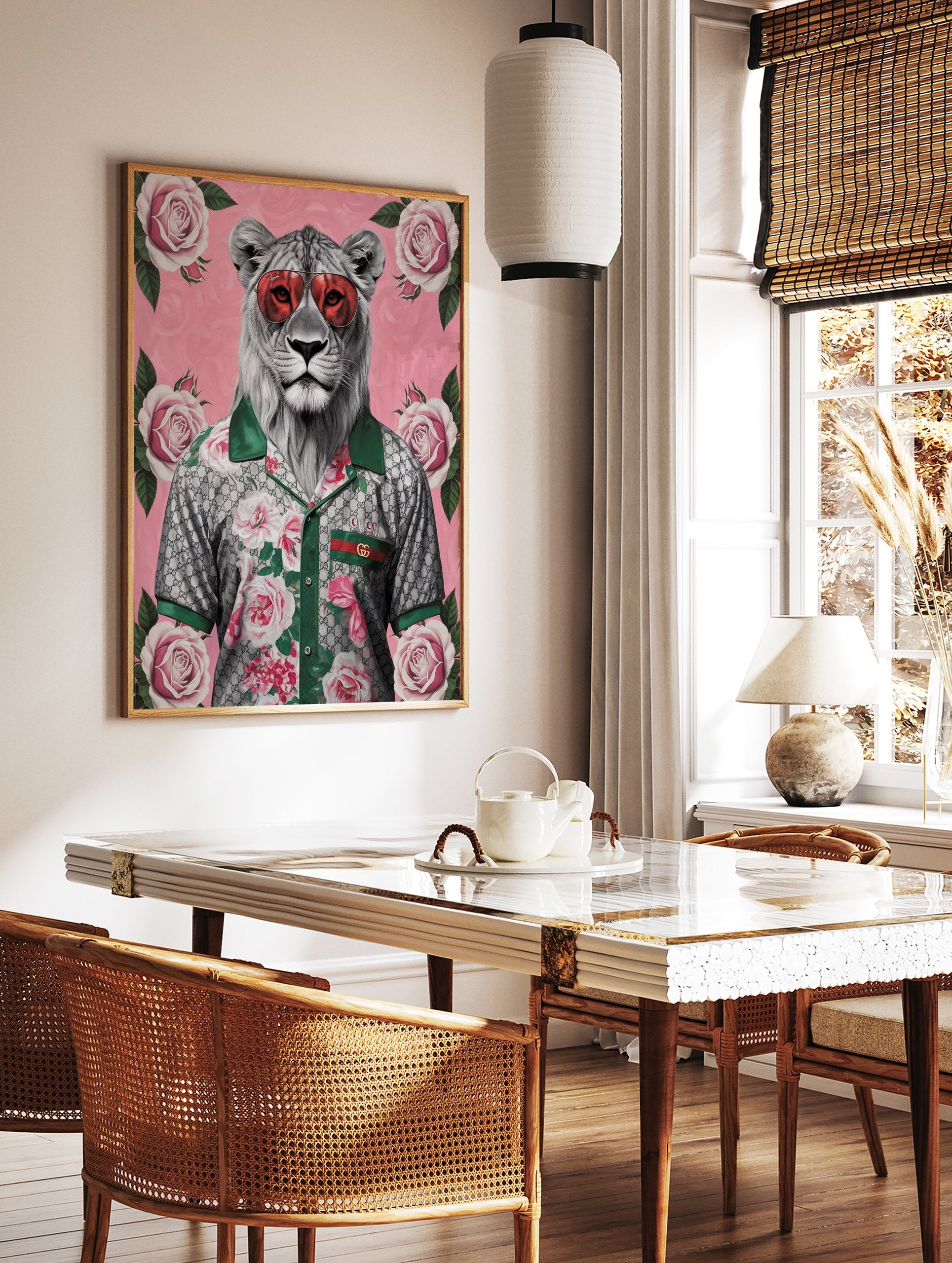 White Lion Poster wearing red sunglasses and a floral shirt with roses on a pink background, illustrative wall art. - Image 2