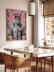 White Lion Poster wearing red sunglasses and a floral shirt with roses on a pink background, illustrative wall art. - Image 2