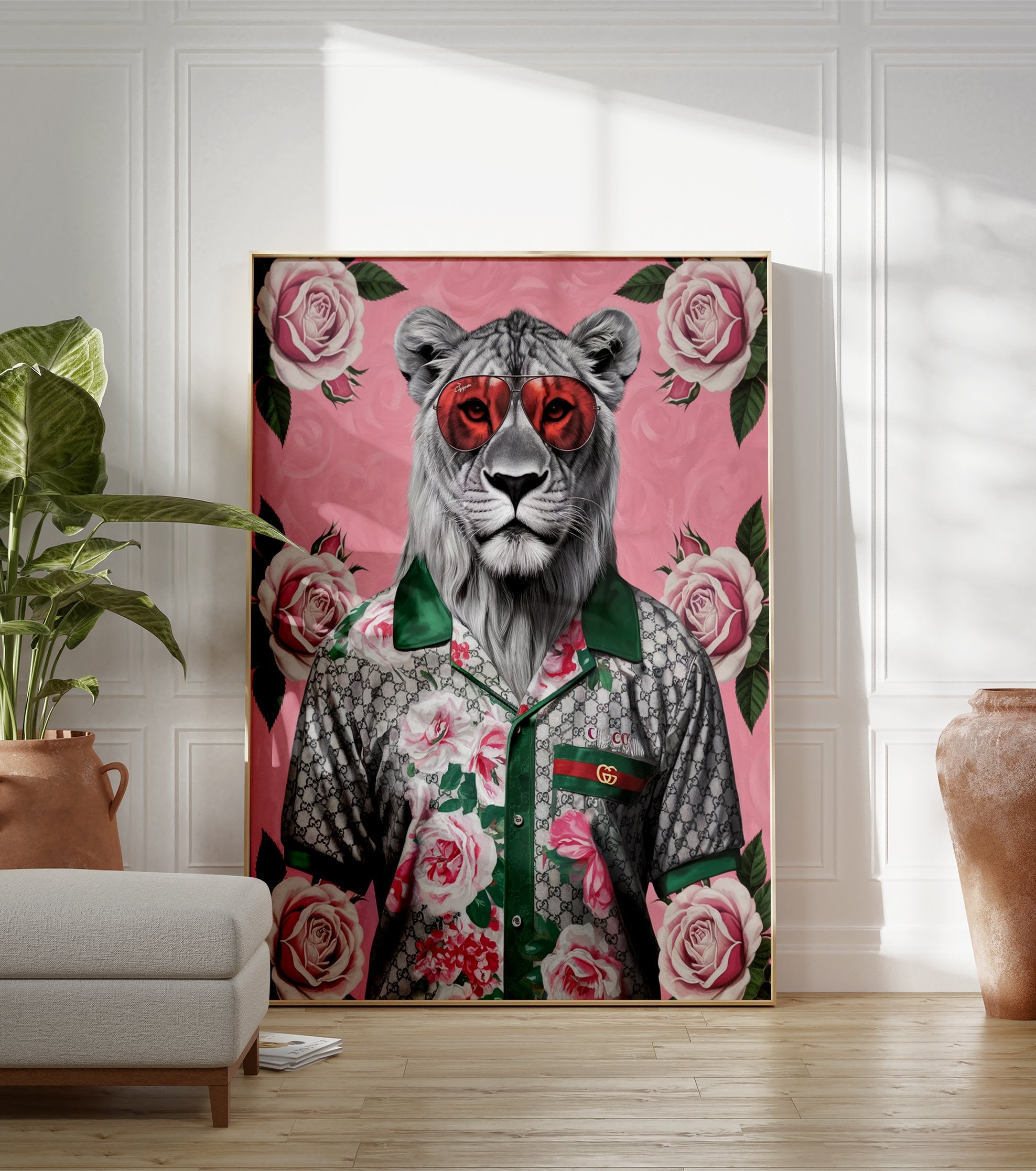 White Lion Poster wearing red sunglasses and a floral shirt with roses on a pink background, illustrative wall art. - Image 3