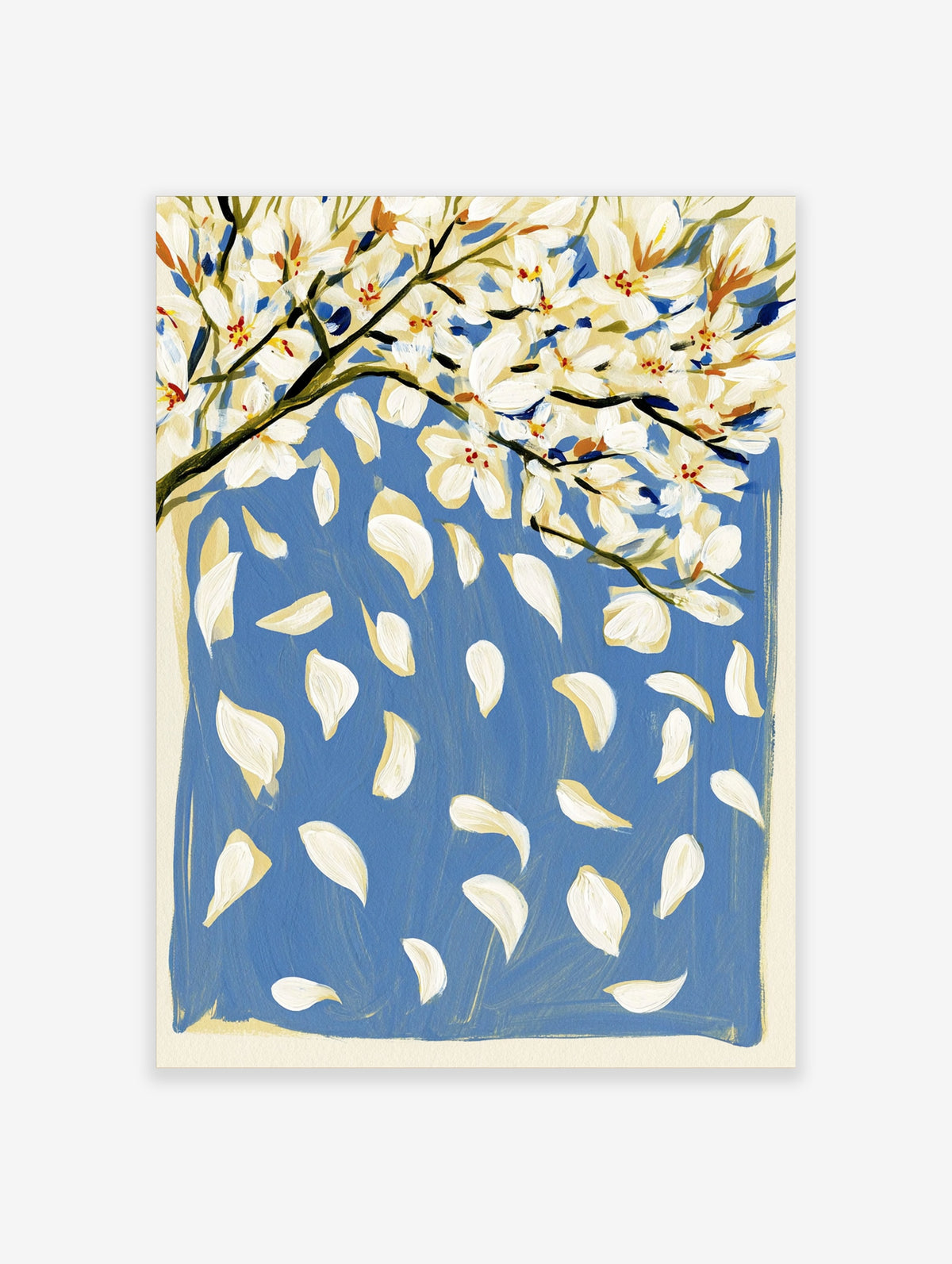 White magnolia branch with falling petals on a blue background, floral wall art print