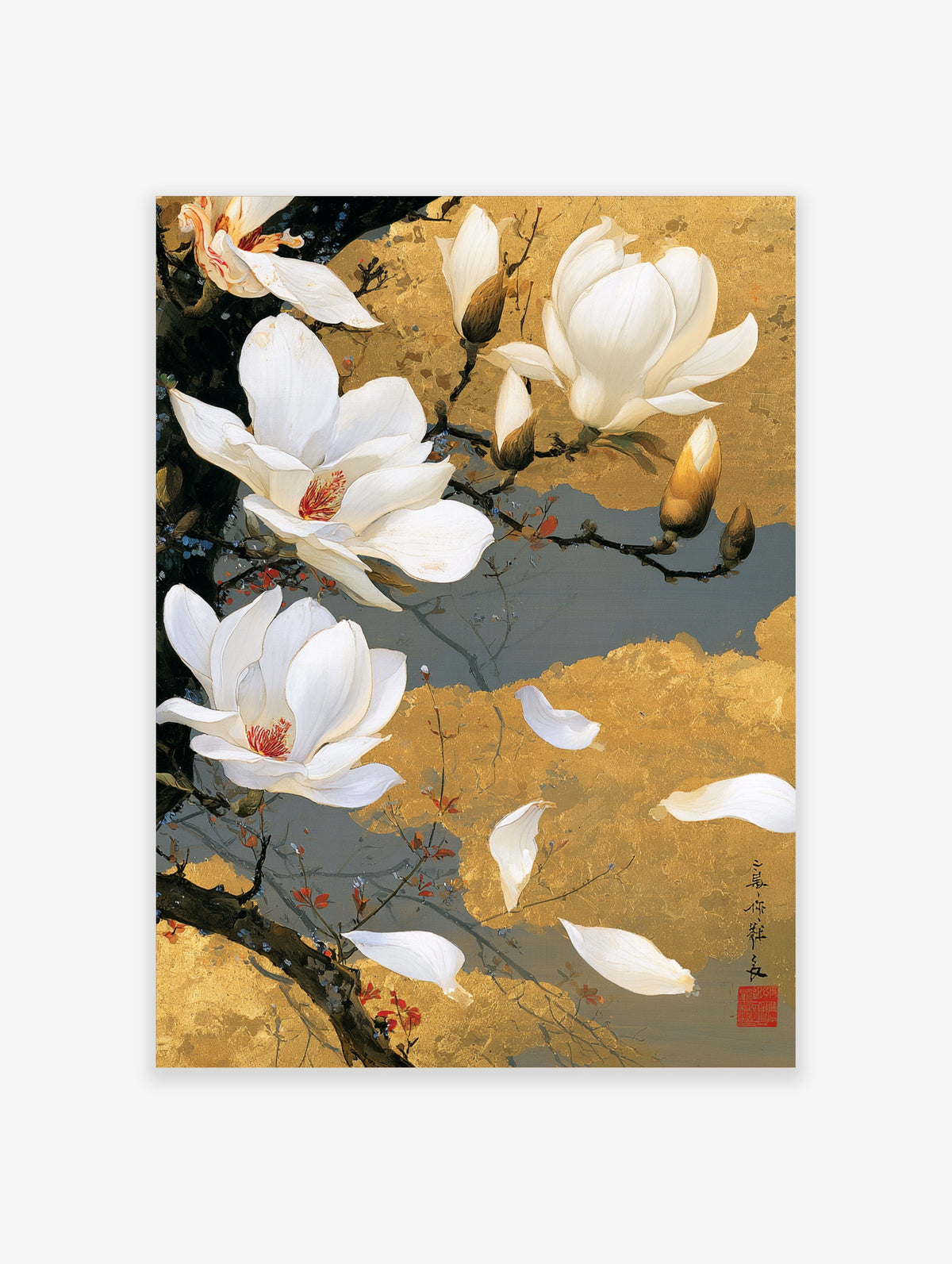 White magnolia flowers on gold leaf background with red centres and falling petals