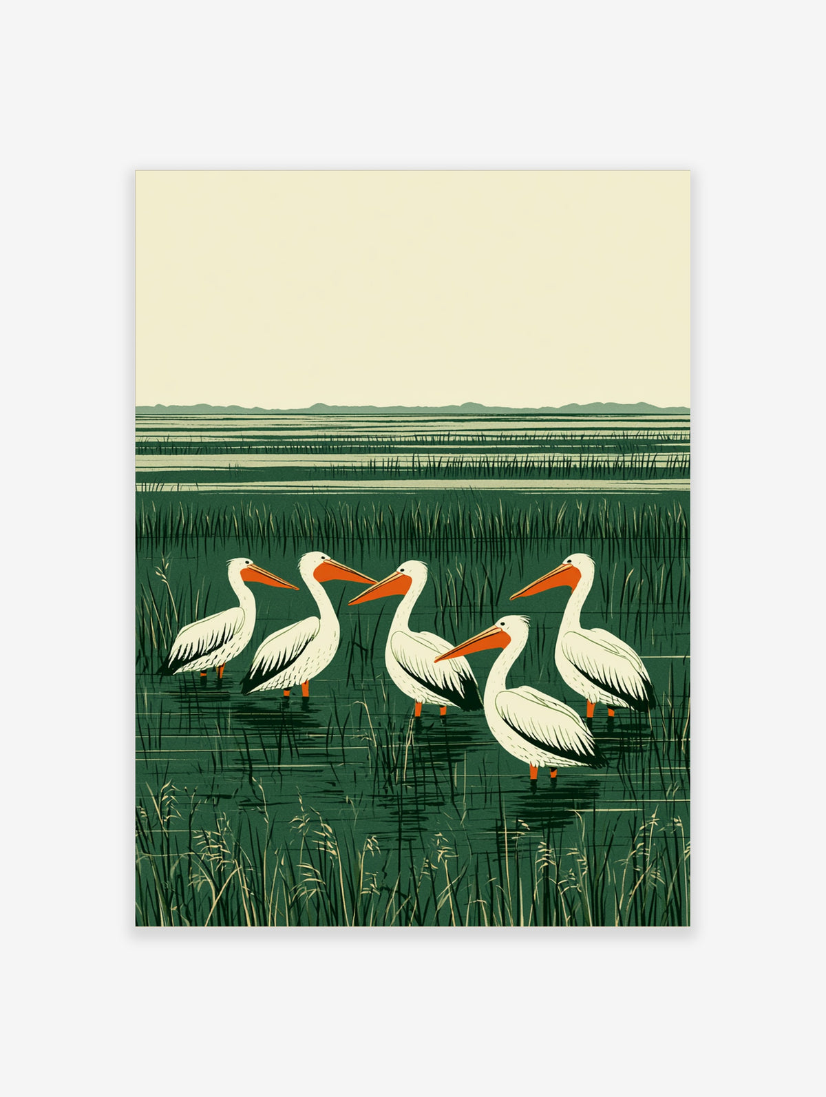 Five white pelicans with orange bills standing in a green wetland with tall reeds and a pale sky